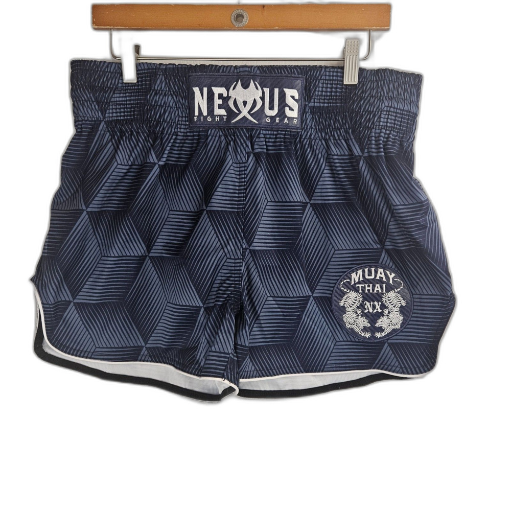 NEXUS Fight Gear XL Maui Thai Satin Shorts Blue Patterned Patches EUC Tiger Logo